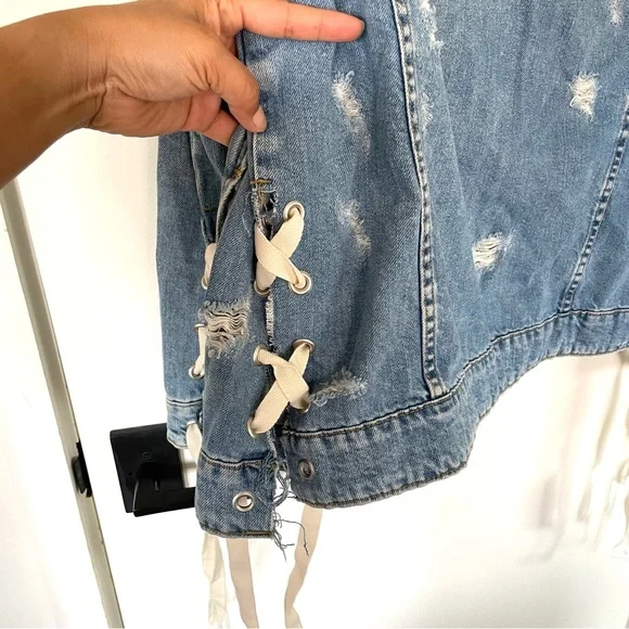 Zara Distressed Lace Up Denim Jacket - Picture 5 of 6
